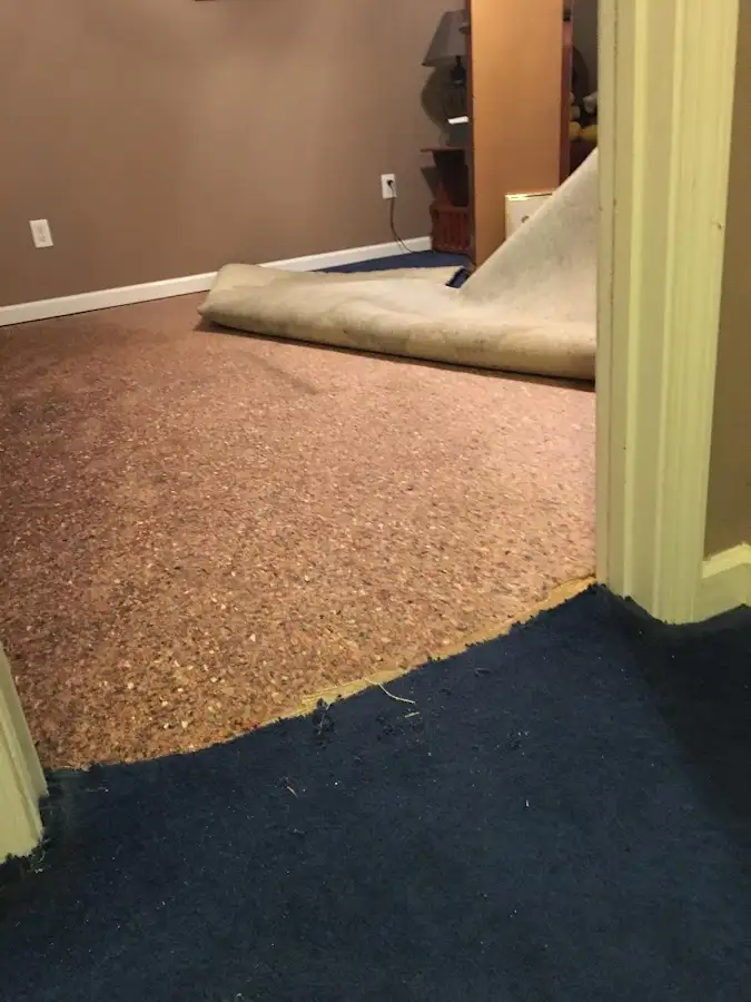 Carpet pad removal revealing water damage during Water Mitigation Services in Gulf Shores